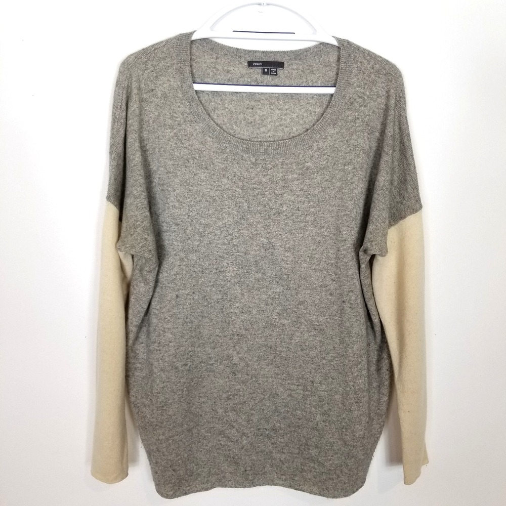 Vince Women Wool Cashmere Colorblock Crew Neck Sweater Sz M Gray Beige Soft